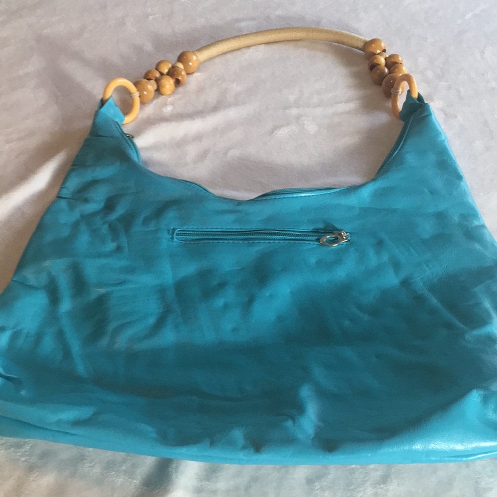Aqua blue faux leather handbag with wooden beaded lightweight handbag